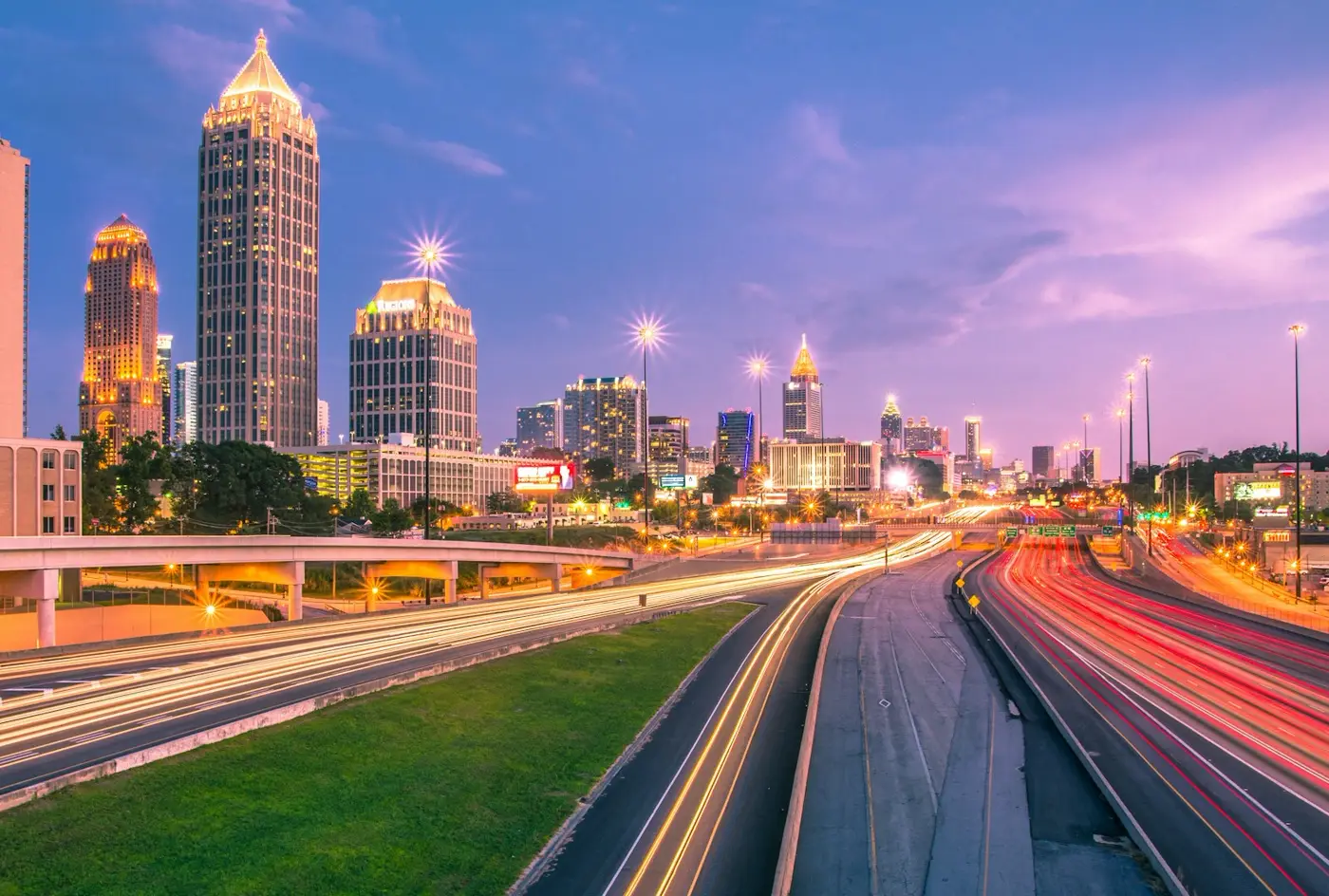 Atlanta skyline at night with highway lights