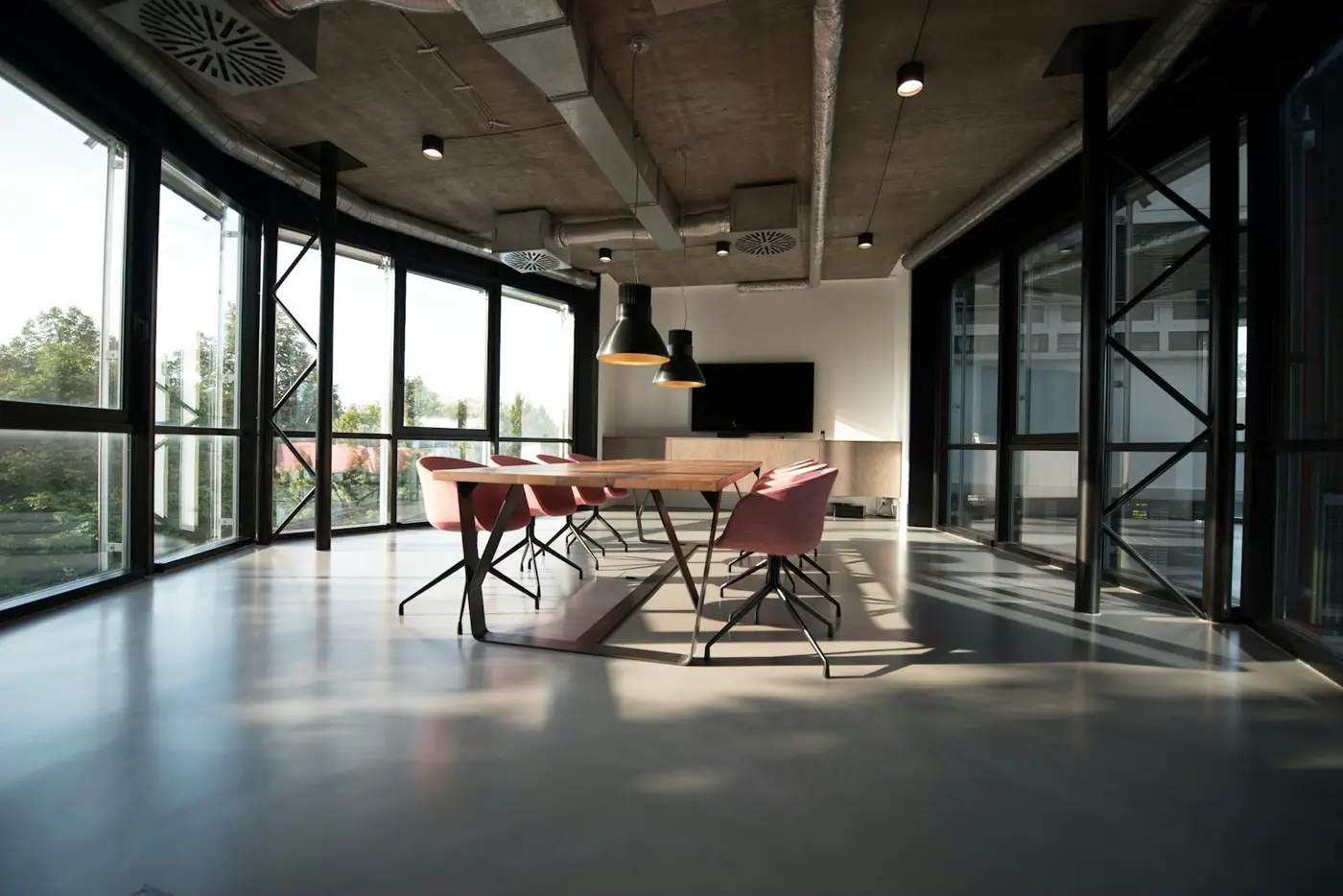 Bright open office with desks and windows